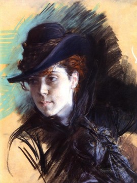  di Lienzo - La chica con sombrero negro género Giovanni Boldini